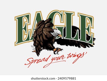 eagle slogan with eagle flying hand drawn vector illustration