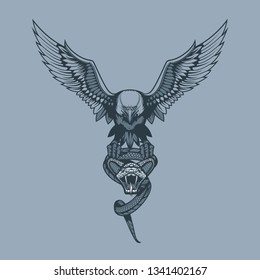 Eagle with Snake in claws. Monochrome tattoo style.