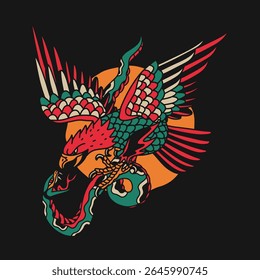 Eagle and snake. Hawk. Tattoo Hand Drawn Illustration Collection.