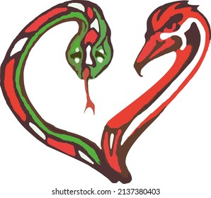 Eagle and snake in heart form on a white backdrop for your design. Green-red symbol of a twisted eagle and a snake for emblems, interior solutions, textiles, fabric, prints, embroidery, fashion, etc.