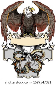 Eagle, snake and human skull. Design template