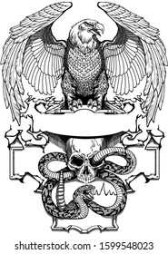 Eagle, snake and skull. Black and white design template