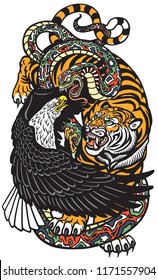 Eagle Snake And Tiger. Three Spiritual Symbolic Animals . Tattoo Style Vector Illustration