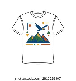 Eagle soaring above geometric mountain peaks t shirt design with mountain