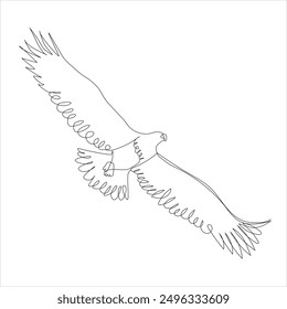 An eagle soars in the sky with its wings spread wide. A large bird of prey flies in the air. one continuous line.