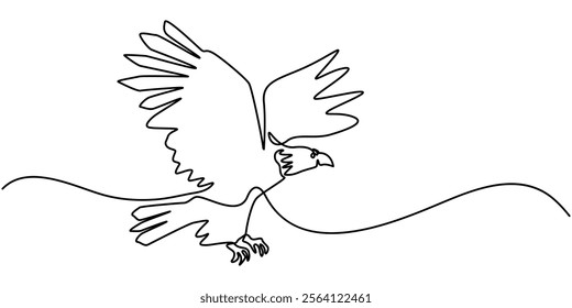 An eagle soars in the sky with its wings spread wide. A large bird of prey flies in the air. one continuous line, One single line of eagle isolated on white background, Bird of prey flying continuouse