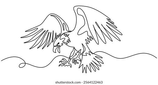 An eagle soars in the sky with its wings spread wide. A large bird of prey flies in the air. one continuous line, One single line of eagle isolated on white background, Bird of prey flying continuouse