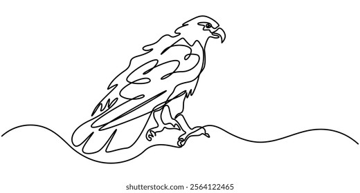 An eagle soars in the sky with its wings spread wide. A large bird of prey flies in the air. one continuous line, One single line of eagle isolated on white background, Bird of prey flying continuouse