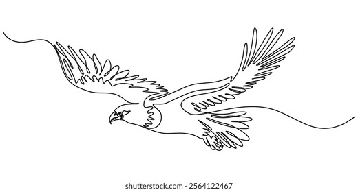 An eagle soars in the sky with its wings spread wide. A large bird of prey flies in the air. one continuous line, One single line of eagle isolated on white background, Bird of prey flying continuouse