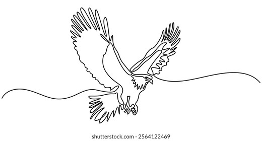 An eagle soars in the sky with its wings spread wide. A large bird of prey flies in the air. one continuous line, One single line of eagle isolated on white background, Bird of prey flying continuouse