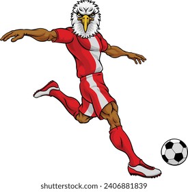 An eagle soccer football player cartoon animal sports mascot kicking the ball