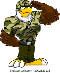 Eagle Soldier Cartoon Character Salute. Vector Hand Drawn Illustration Isolated On Transparent Background