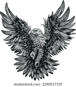 eagle with spread wings black on white detailed vector drawing