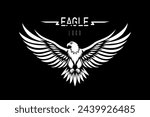 Eagle with spread wings, black and white emblem logo on a black background. Vector illustration