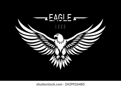 Eagle with spread wings, black and white emblem logo on a black background. Vector illustration svg