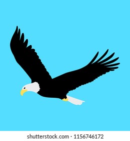 Eagle spread wings, flying and looking down, cute symbol style, simple design, black, white and yellow color.