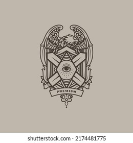 Eagle with spread wings holding vintage emblem with one eye on the center Vector Logo Illustration