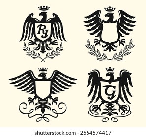 Eagle with spread wings and shield, emblem set. Heraldic symbol of royal power. Vector illustration