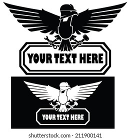 eagle with spread wings wearing a construction hardhat and industrial Clothes holding some tools 