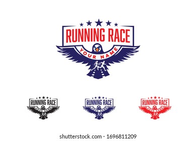 Eagle spreading its wings with a man & women running underneath 