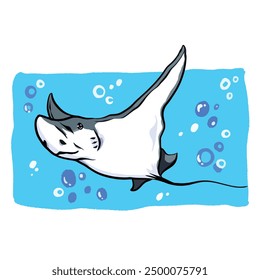 Eagle stingray fish illustration isolated on square white background. Colorful illustration with cartoon art styled drawing.