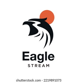 Río Eagle Stream con hermoso logo Sunset Concepto Vector de Diseño Simple