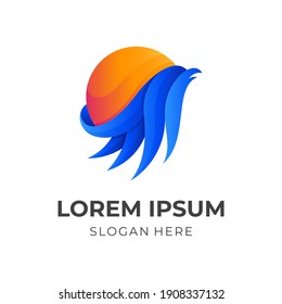 eagle sun logo, eagle and sun, combination logo with 3d blue and orange color style