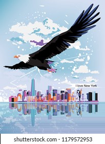 Eagle, the symbol of America, New york Skyline. Vector illustration.