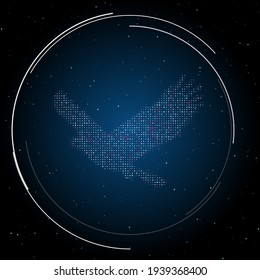 The eagle symbol filled with white dots. Pointillism style. Some dots is pink. Vector illustration on blue background with stars