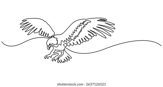Eagle as symbol USA. One line continuous bird. Line art, outline, single line silhouette. Hand drawn vector illustration, An eagle soars in the sky with its wings spread wide. A large bird of prey.