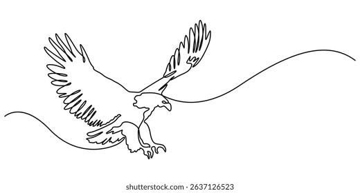 Eagle as symbol USA. One line continuous bird. Line art, outline, single line silhouette. Hand drawn vector illustration, An eagle soars in the sky with its wings spread wide. A large bird of prey.