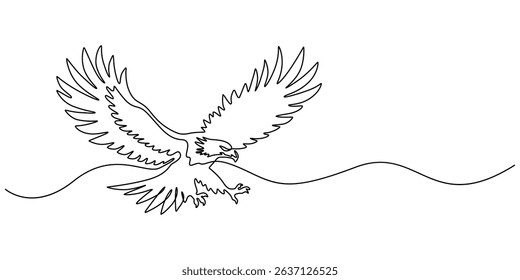 Eagle as symbol USA. One line continuous bird. Line art, outline, single line silhouette. Hand drawn vector illustration, An eagle soars in the sky with its wings spread wide. A large bird of prey.