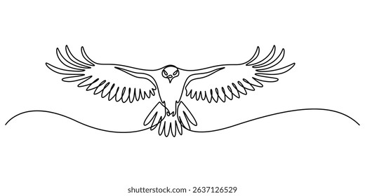 Eagle as symbol USA. One line continuous bird. Line art, outline, single line silhouette. Hand drawn vector illustration, An eagle soars in the sky with its wings spread wide. A large bird of prey.