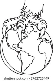 Eagle Talon Gripping Planet Earth Globe Vector Line Art Illustration