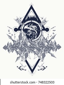 Eagle tattoo art, mountains, crossed arrows, forest. Astrological symbols, ethnic style, falcon in rocks 