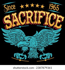 eagle in tattoo style with outstretched wings texts and shields in military, colorful and destruction in biker style,