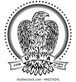 The eagle in Tattoo Tribal style with stars and stripes for design of the Independence Day of the United States on 4th July; Vetor bird of prey Eps8