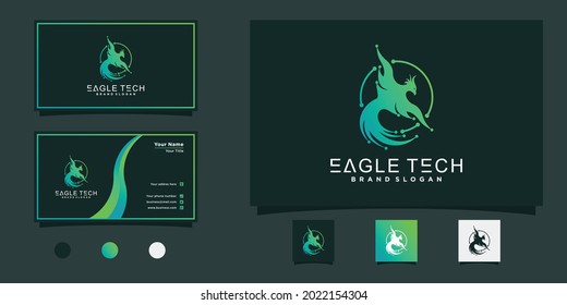 Eagle tech logo design with cool gradient colors, circe style concept, and business card Premium Vekto