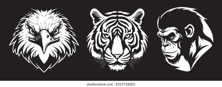 Eagle, tiger and monkey vector silhouette black and white illustration laser cutting