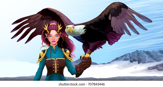 Eagle Trainer Elf On The Mountains. Vector Fantasy Illustration.