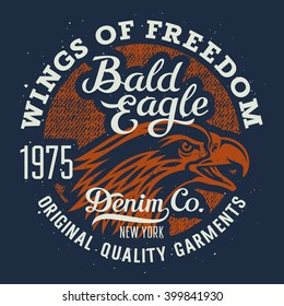 Eagle T-shirt graphics / Vintage Typography / Grunge Denim texture