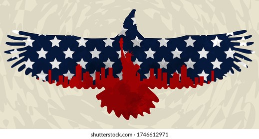 Eagle with US flag and Statue of Liberty