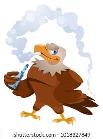 Eagle vaper. Funny American eagle smoking electronic cigarette. Cartoon styled vector illustration. Elements is grouped. On white background. No transparent objects.