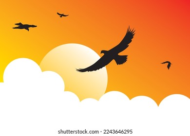 Vector de águila. Ilustración de una bandada de águilas volando en el cielo. Bonita atmósfera de atardecer
