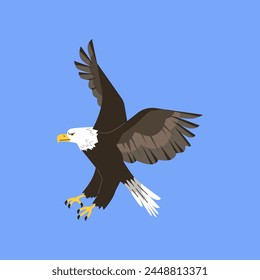 Eagle. vector illustration with the image of a soaring eagle on a blue background. American bald eagle on isolated background. A character in search of food. Flat style.