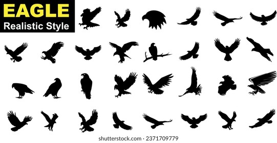 Eagle Vector Illustration Set, Silhouettes en blanco y negro. Colección de 30 Poses de águila diferentes, perfecto para logotipos, diseños y más.