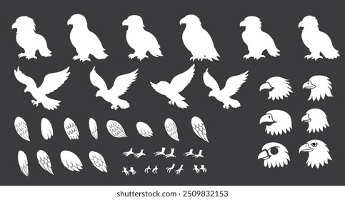Eagle Vector Silhouette Set, White Silhouettes. Collection of 30 Different Eagle Poses, Eagle Heads, wings, and Clows Perfect for Logos, Designs, and More.