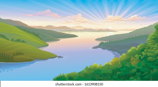 Eagle view of the vast river landscape with the majestic sunset