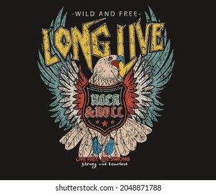 Eagle vintage vector t shirt design. Rock and roll with wing logo artwork for apparel and others.