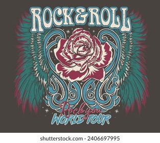 Eagle vintage vector t shirt design. Rock and roll with wing logo artwork for apparel and others. Rose music poster design.	